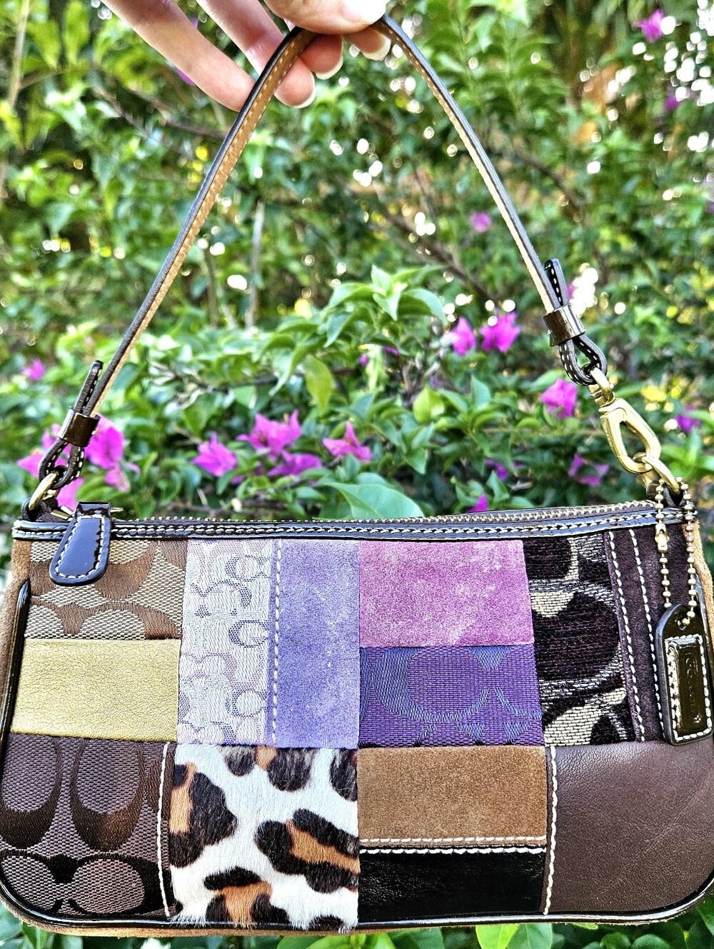 Vintage Coach 7071 Patchwork Shoulder Bag Suede Leopard Y2K Rare